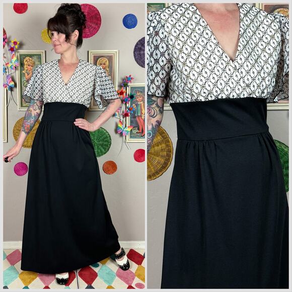 Vintage 1970s Black and White Lace Flutter Sleeve A-Line Maxi Dress - Picture 1 of 7